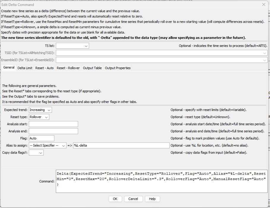 Delta command editor for general parameters