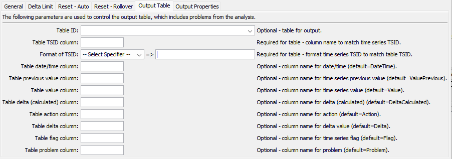Delta command editor for output table parameters