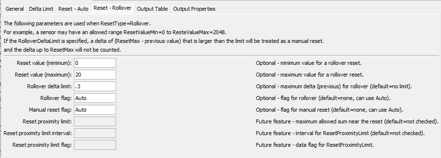 Delta command editor for rollover reset parameters