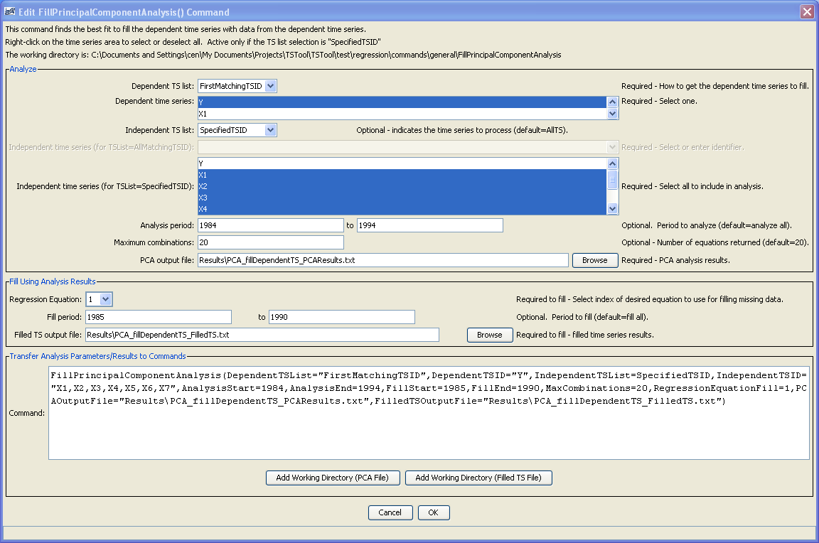 FillPrincipalComponentAnalysis command editor