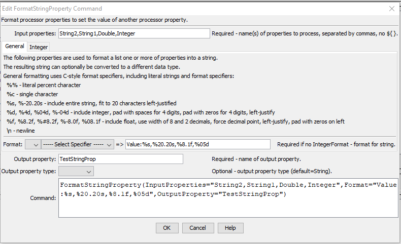 FormatStringProperty command editor for General parameters