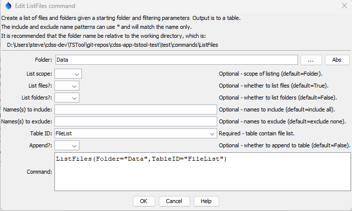 ListFiles command editor