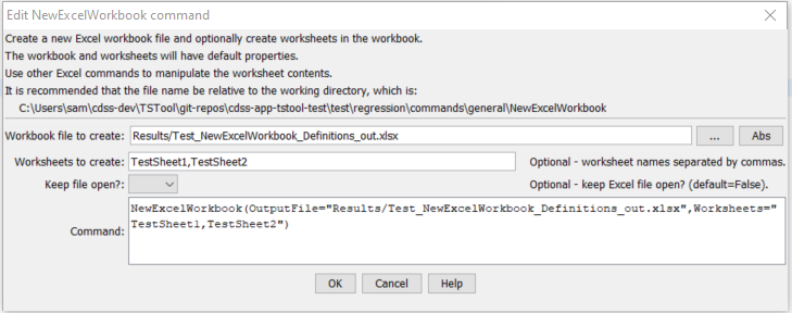 NewExcelWorkbook command editor