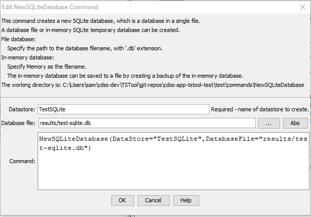 NewSQLiteDatabase command editor
