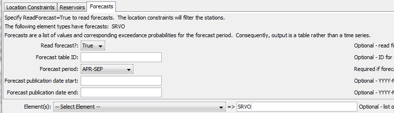 ReadNrcsAwdb_Forecast command editor for forecast query parameters