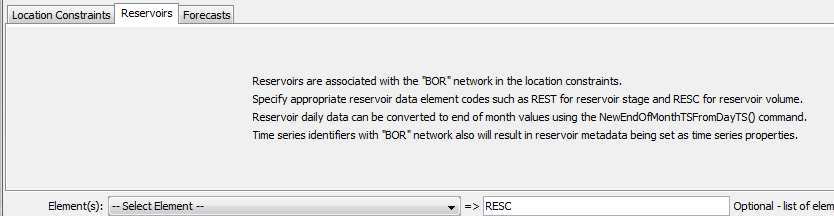 ReadNrcsAwdb_Reservoir command editor for reservoir query parameters