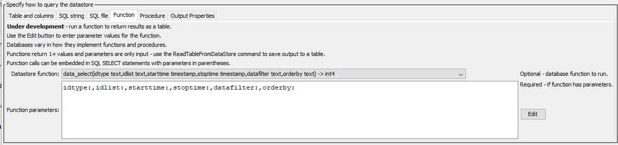 ReadTableFromDataStore command editor when specifying a function
