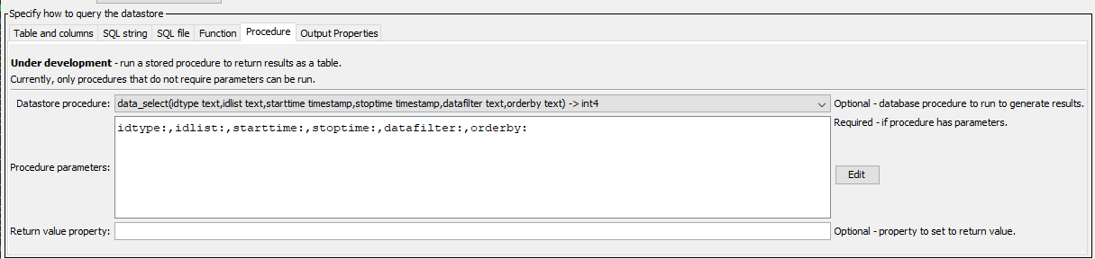 ReadTableFromDataStore command editor when specifying a procedure