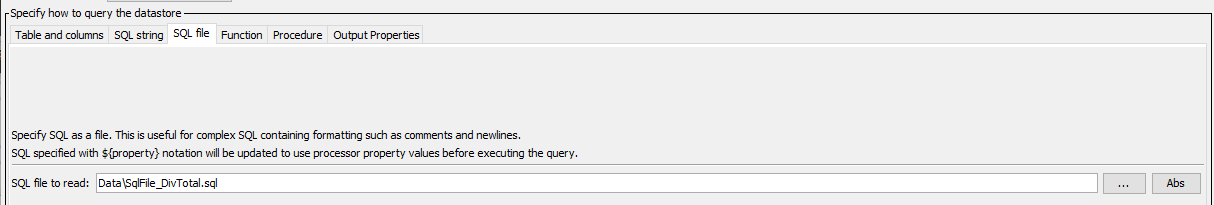 ReadTableFromDataStore command editor when specifying an SQL file
