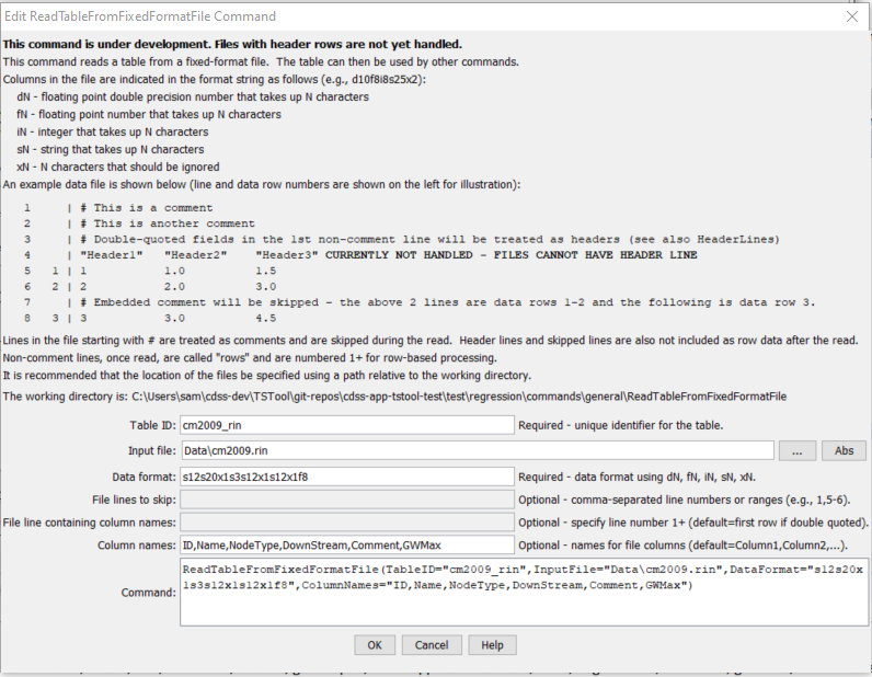 ReadTableFromFixedFormatFile command editor