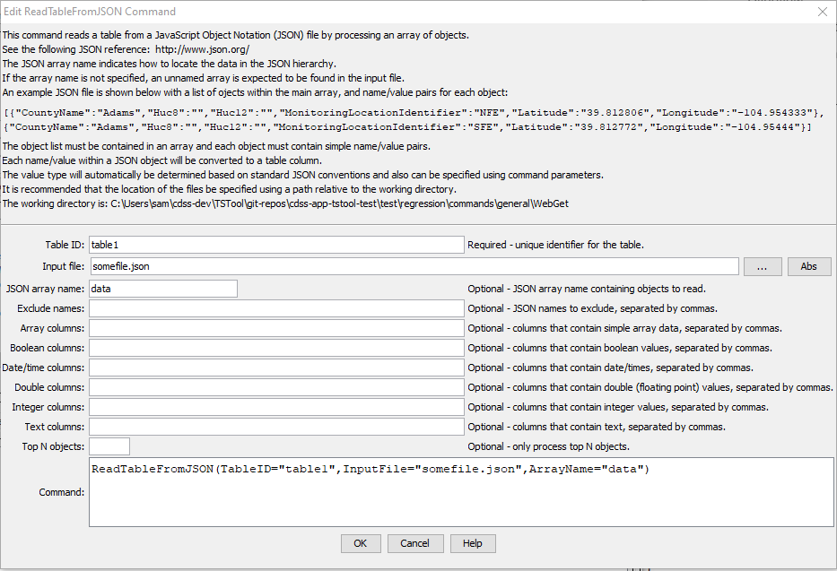 ReadTableFromJSON command editor