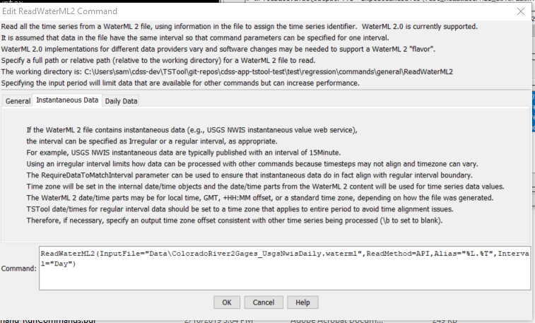 ReadWaterML2 command editor for instantaneous data parameters