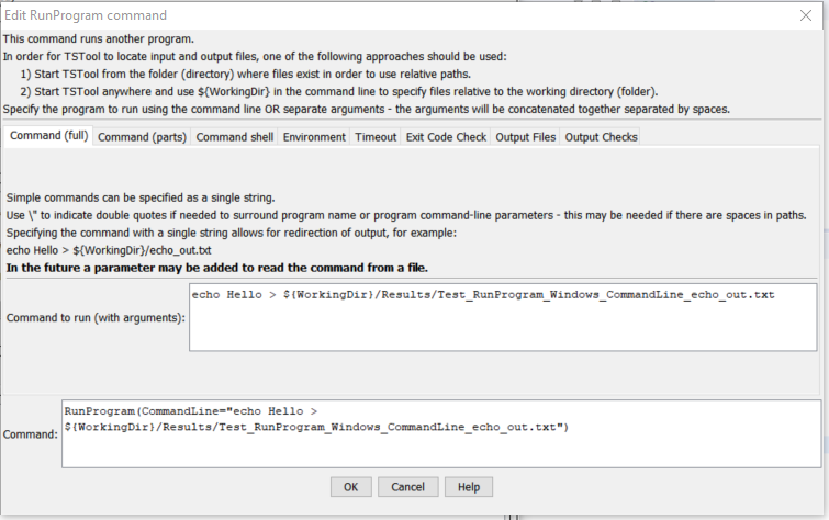 RunProgram command editor for full command line