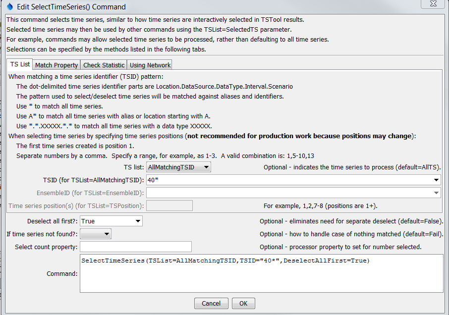 SelectTimeSeries command editor