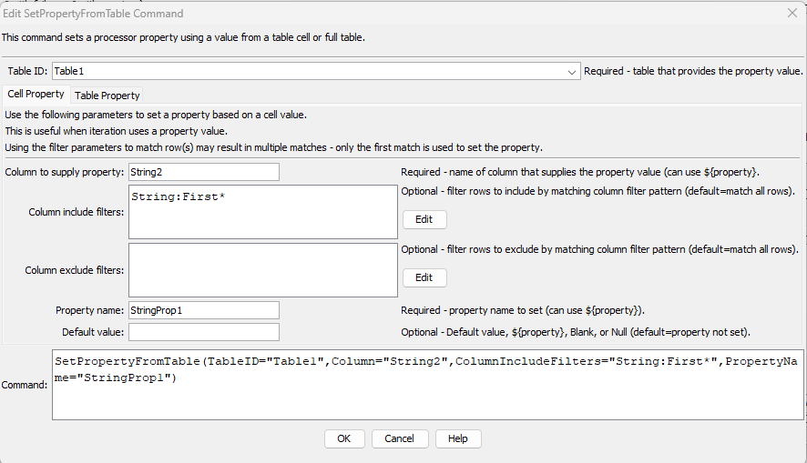 SetPropertyFromTable command editor for Cell parameters
