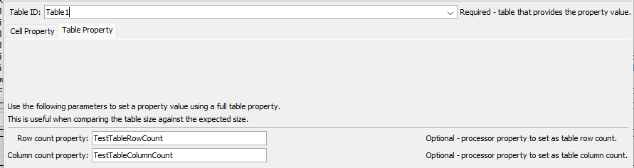 SetPropertyFromTable command editor for Table Row and Column Count Parameters