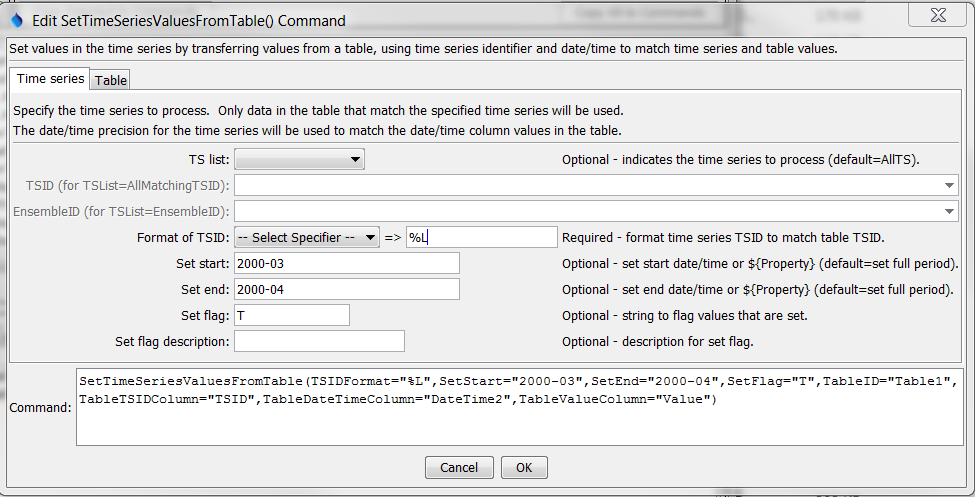 SetTimeSeriesValuesFromTable command editor for Time Series parameters