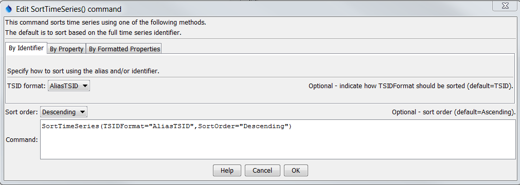 SortTimeSeries command editor to sort by TSID or Alias