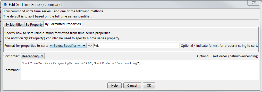 SortTimeSeries command editor to sort by a time series property