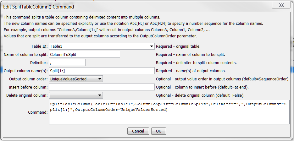 SplitTableColumn command editor