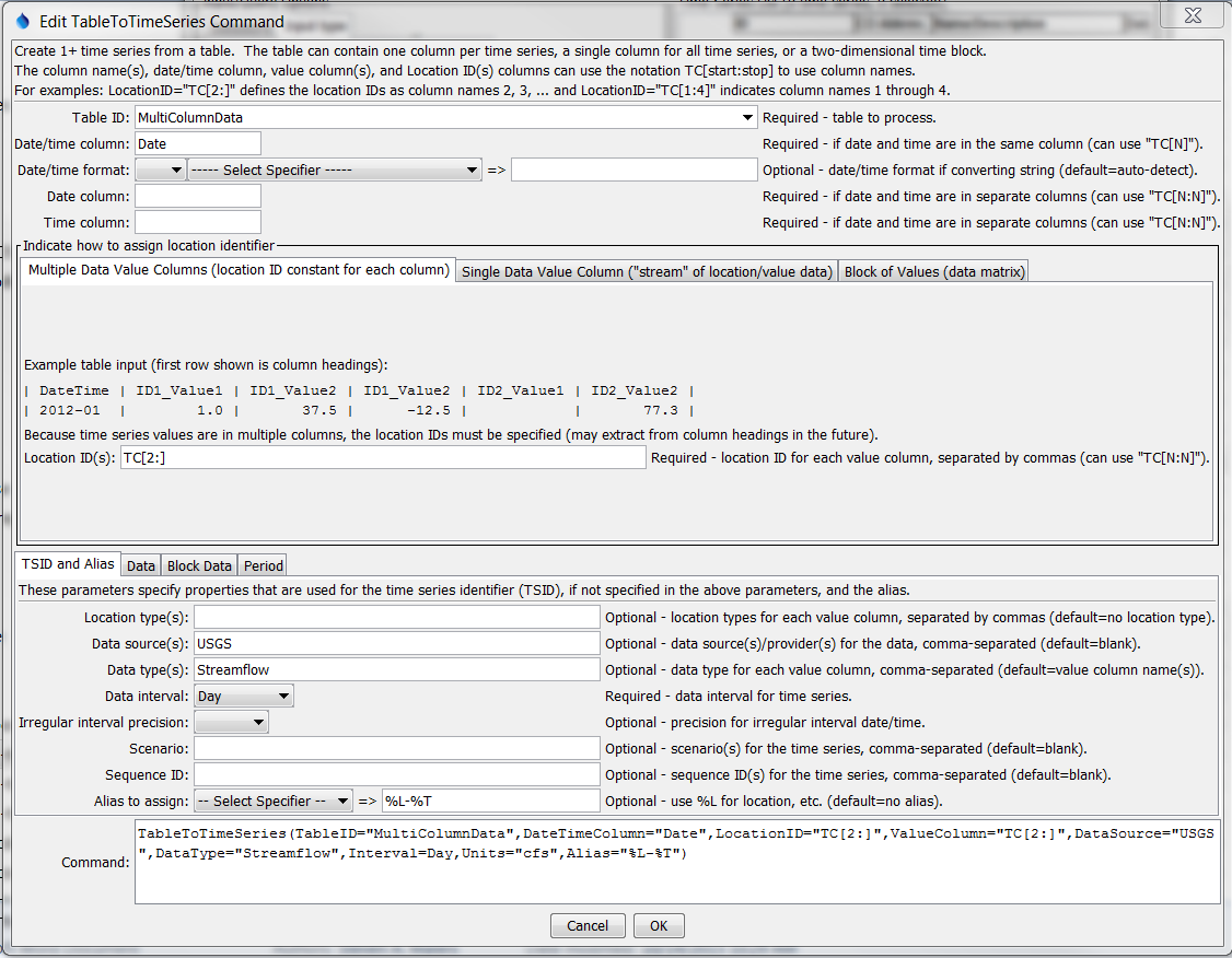 TableToTimeSeries command editor for table with multiple data columns