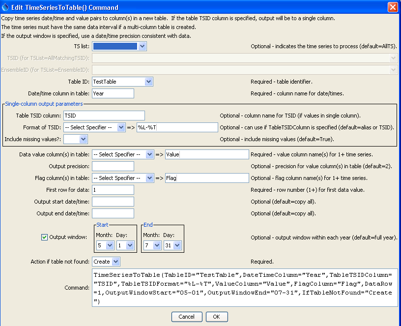 TimeSeriesToTable command editor to create multi-column data table