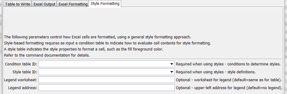 WriteTableToExcel command editor for Style Formatting parameters