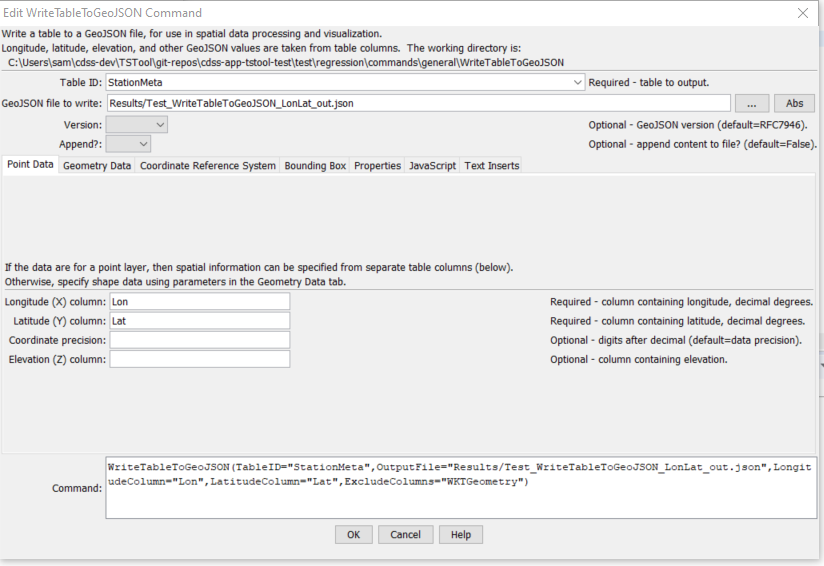 WriteTableToGeoJSON command editor for Point Data parameters