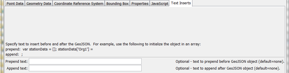 WriteTableToGeoJSON command editor for Text Insert parameters
