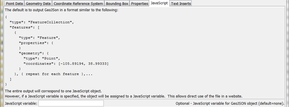 WriteTableToGeoJSON command editor for JavaScript parameters