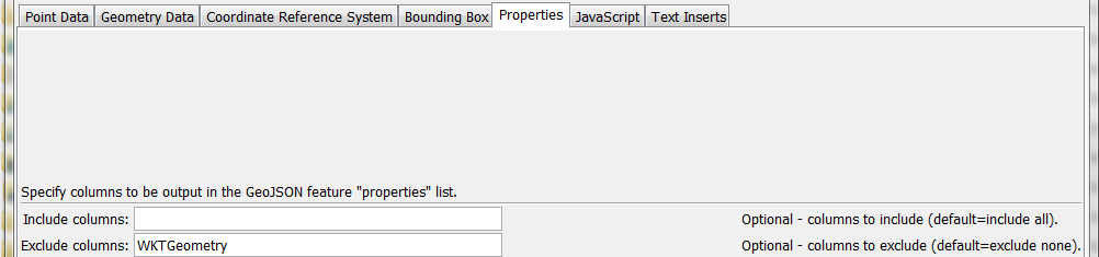WriteTableToGeoJSON command editor for Property parameters