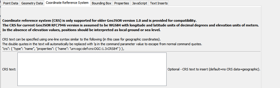 WriteTableToGeoJSON command editor for Coordinate Reference System parameter