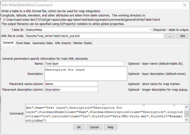 WriteTableToKml command editor for general parameters