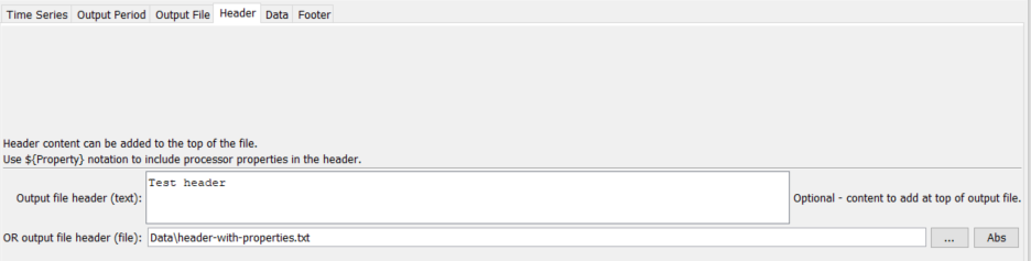 WriteTimeSeriesToDataStream command editor for Output File Header parameters