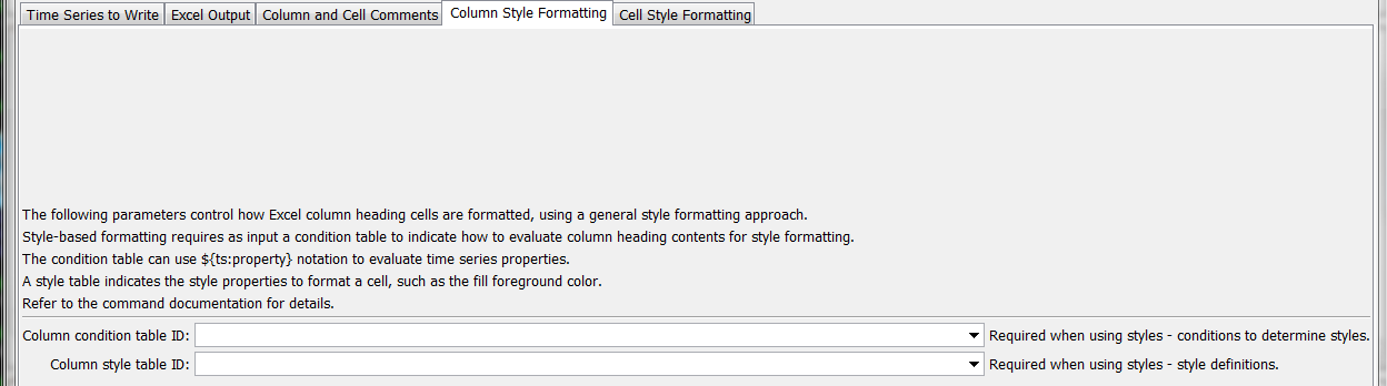 WriteTimeSeriesToExcel command editor for Column Style Formatting parameters