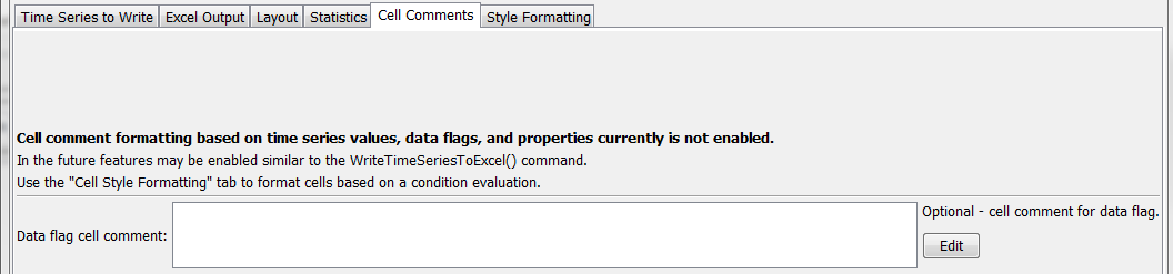WriteTimeSeriesToExcelBlock command editor for Cell Comment parameters