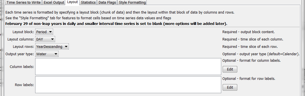 WriteTimeSeriesToExcelBlock command editor for Layout parameters