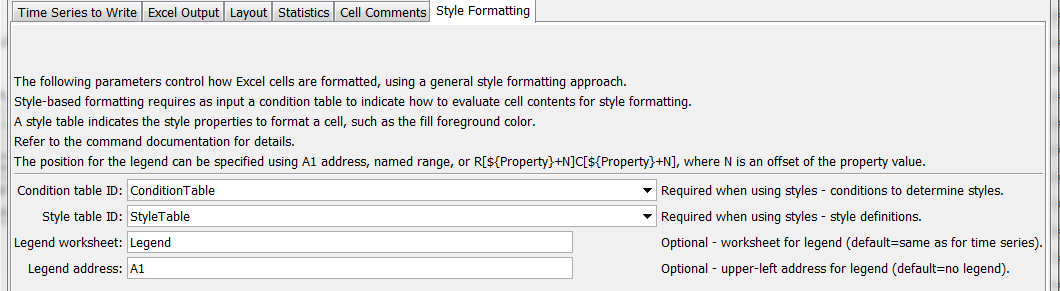 WriteTimeSeriesToExcelBlock command editor for Style parameters