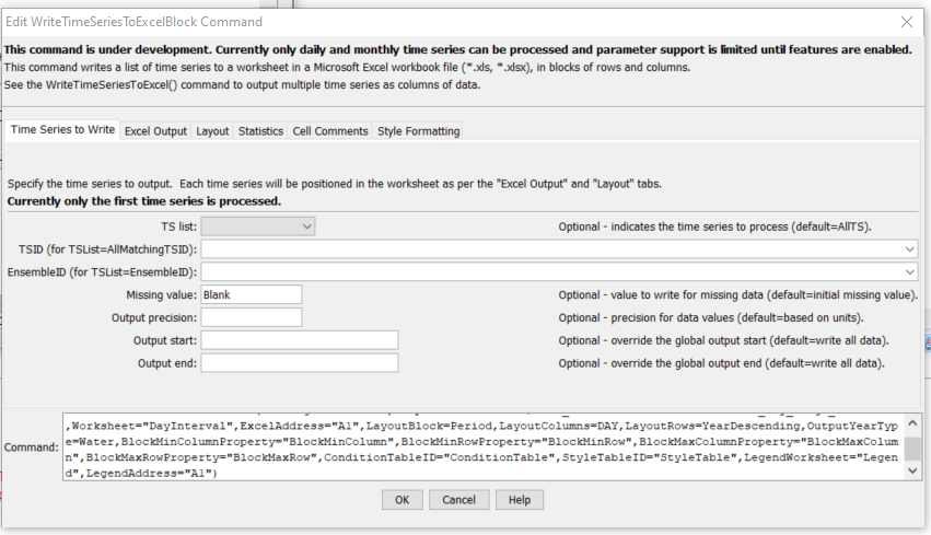WriteTimeSeriesToExcelBlock command editor for time series parameters