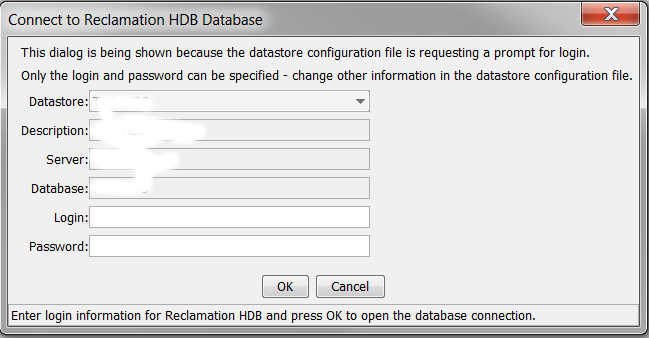 ReclamationHDB Datastore Login Dialog for Initial Login
