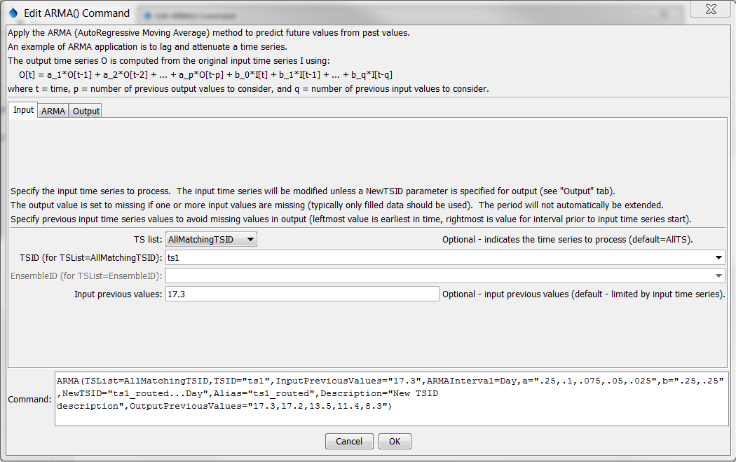 ARMA command editor for input parameters