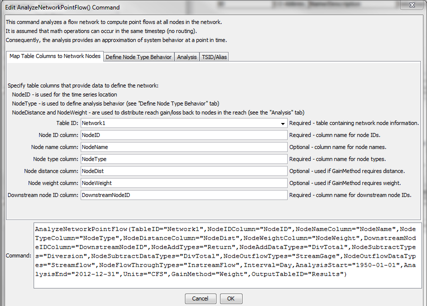 AnalyzeNetworkPointFlow command editor for parameters to map network table columns to network nodes