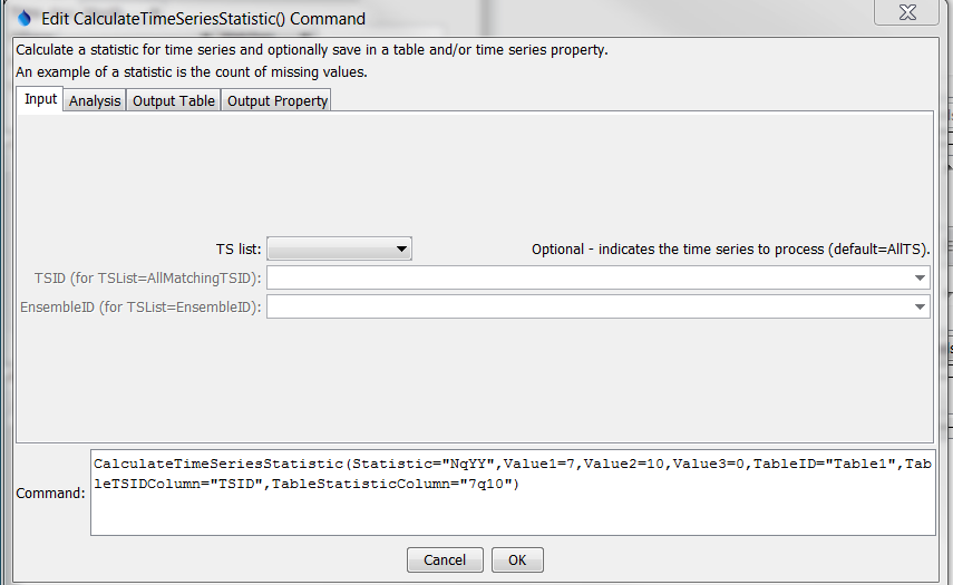 CalculateTimeSeriesStatistic command editorfor Input parameters