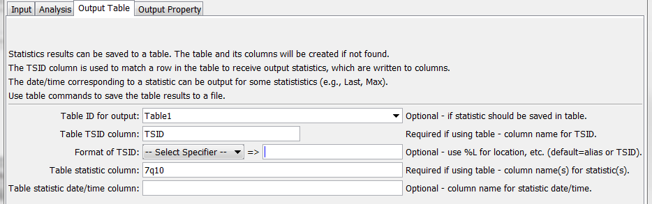 CalculateTimeSeriesStatistic command editor for Output Table parameters