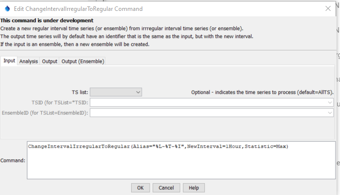 ChangeIntervalIrregularToRegular command editor for Input parameters