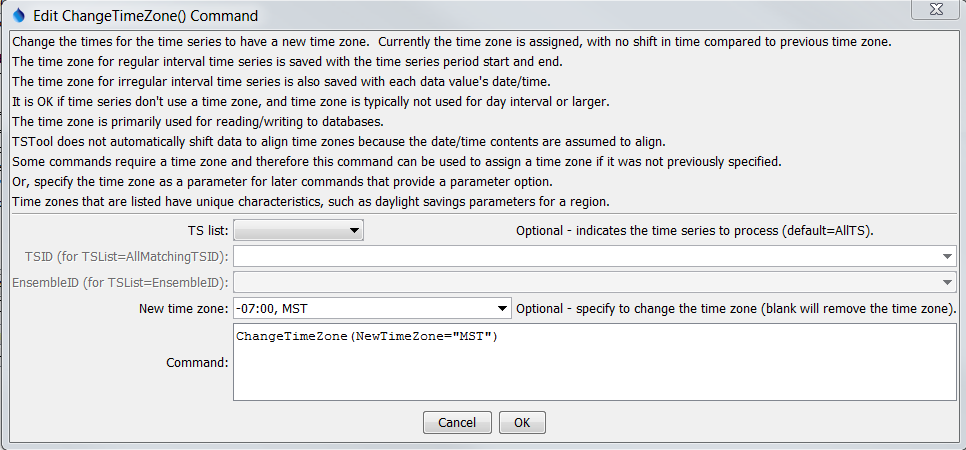 ChangeTimeZone command editor
