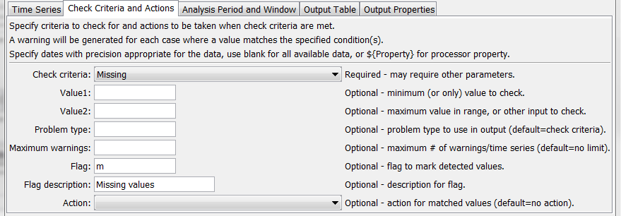 CheckTimeSeries command editor for check Criteria and Action parameters
