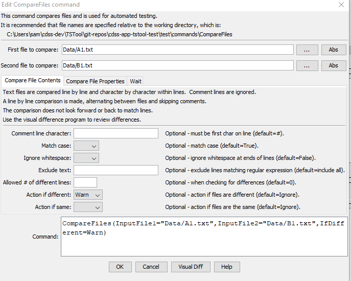 CompareFiles command editor for Comparing File Contents
