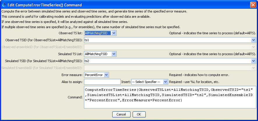 ComputeErrorTimeSeries command editor