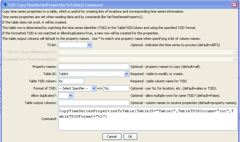 CopyTimeSeriesPropertiesToTable command editor